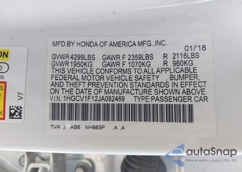 2018 Honda Accord Lx z USA, uszkodzony, nr VIN 1HGCV1F12JA092469